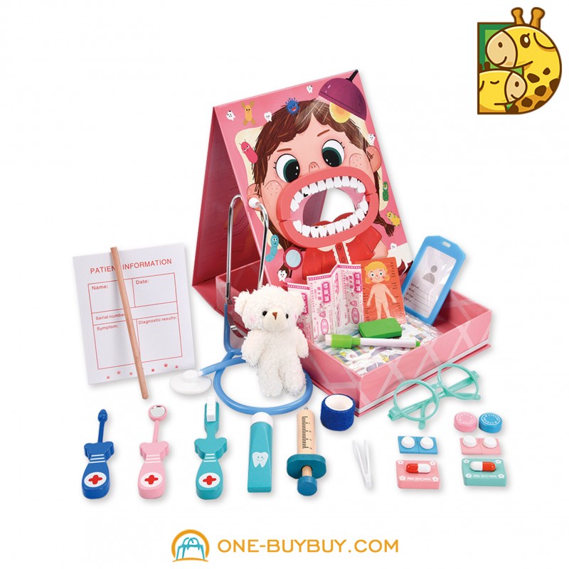 Cross-border wooden doctor toy set girl boy simulation play house stethoscope syringe injection dentist set 